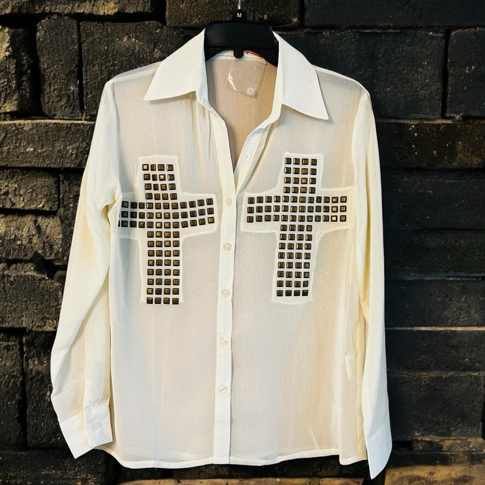 Tobi Cream Long Sleeve Sheer Button Up with Bronze Stud Crosses | Size S | NWOT